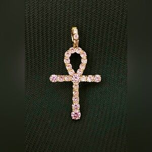 ankh cross iced out pendant pink diamond simulant 14k gold fill key of life gift